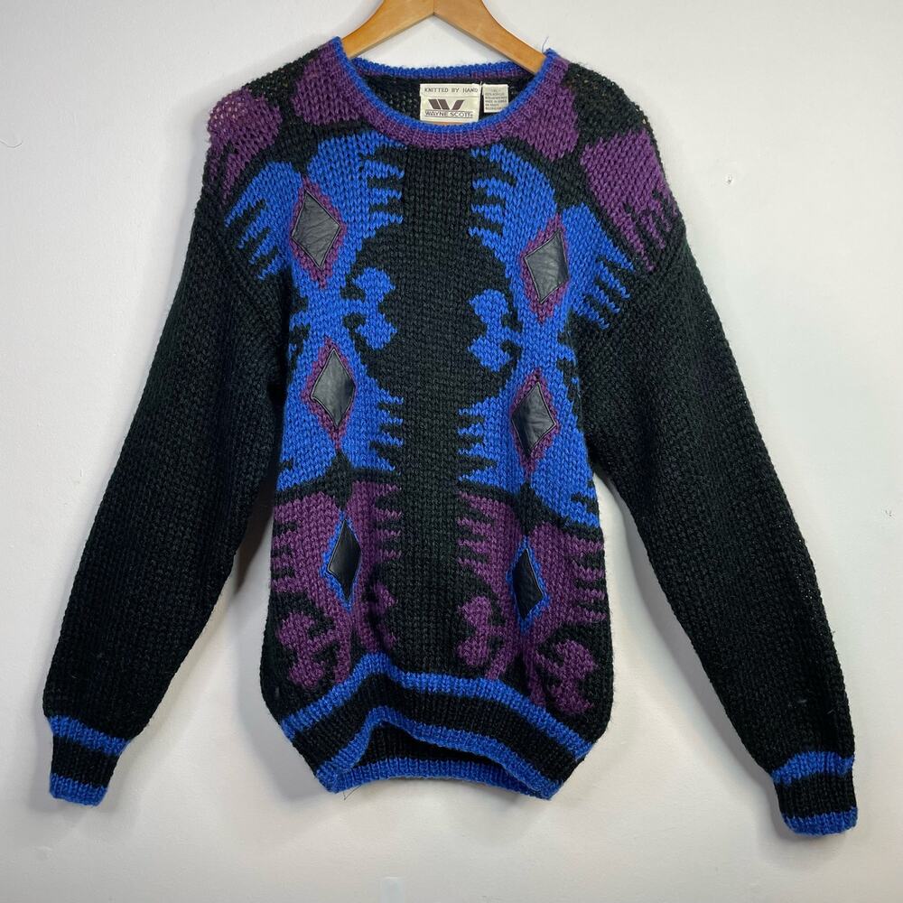 Vintage 80s Chunky Knit Southwestern Slouchy Acrylic Leather Sweater mens XL